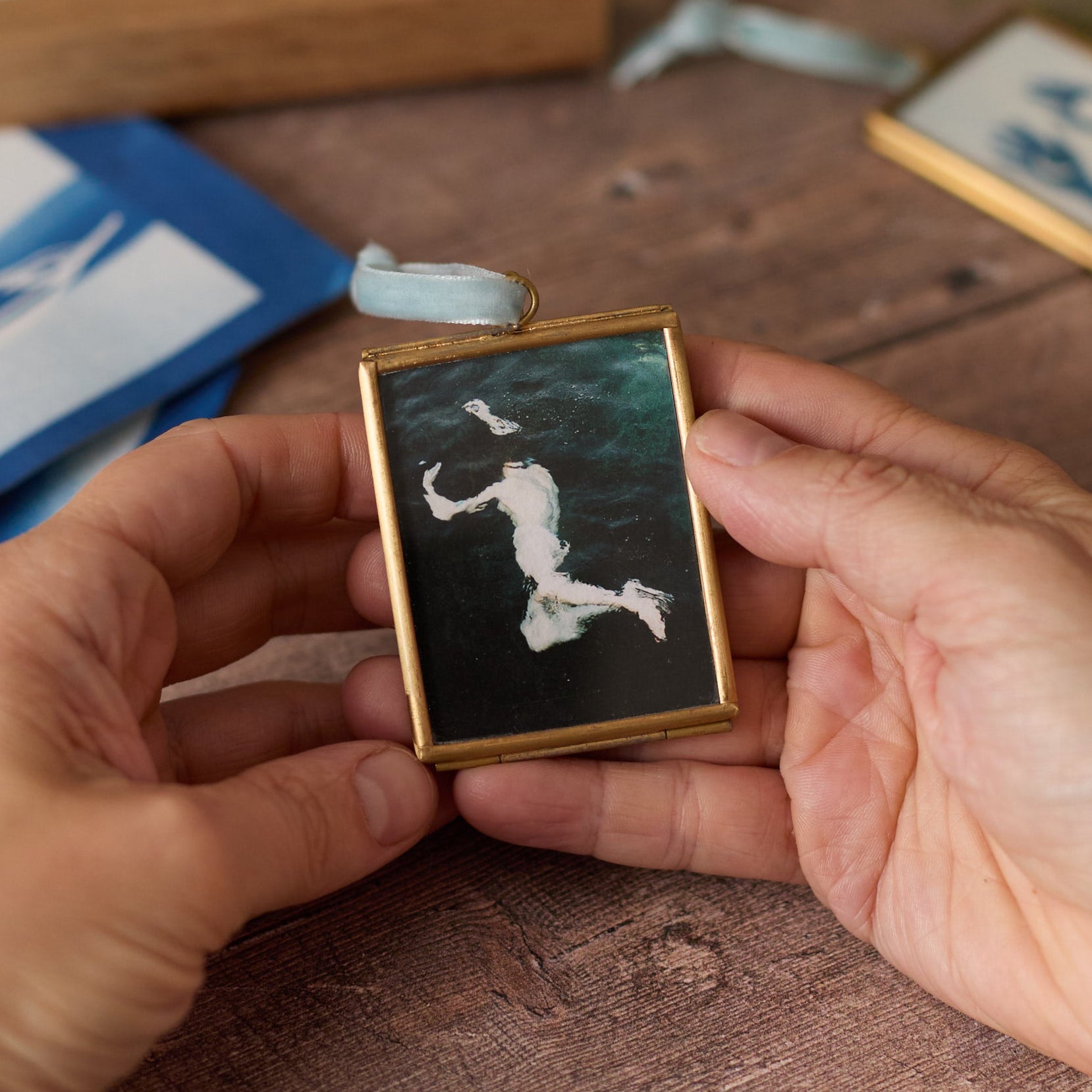 The Swimmer - Mini Print in Hanging Brass Frame
