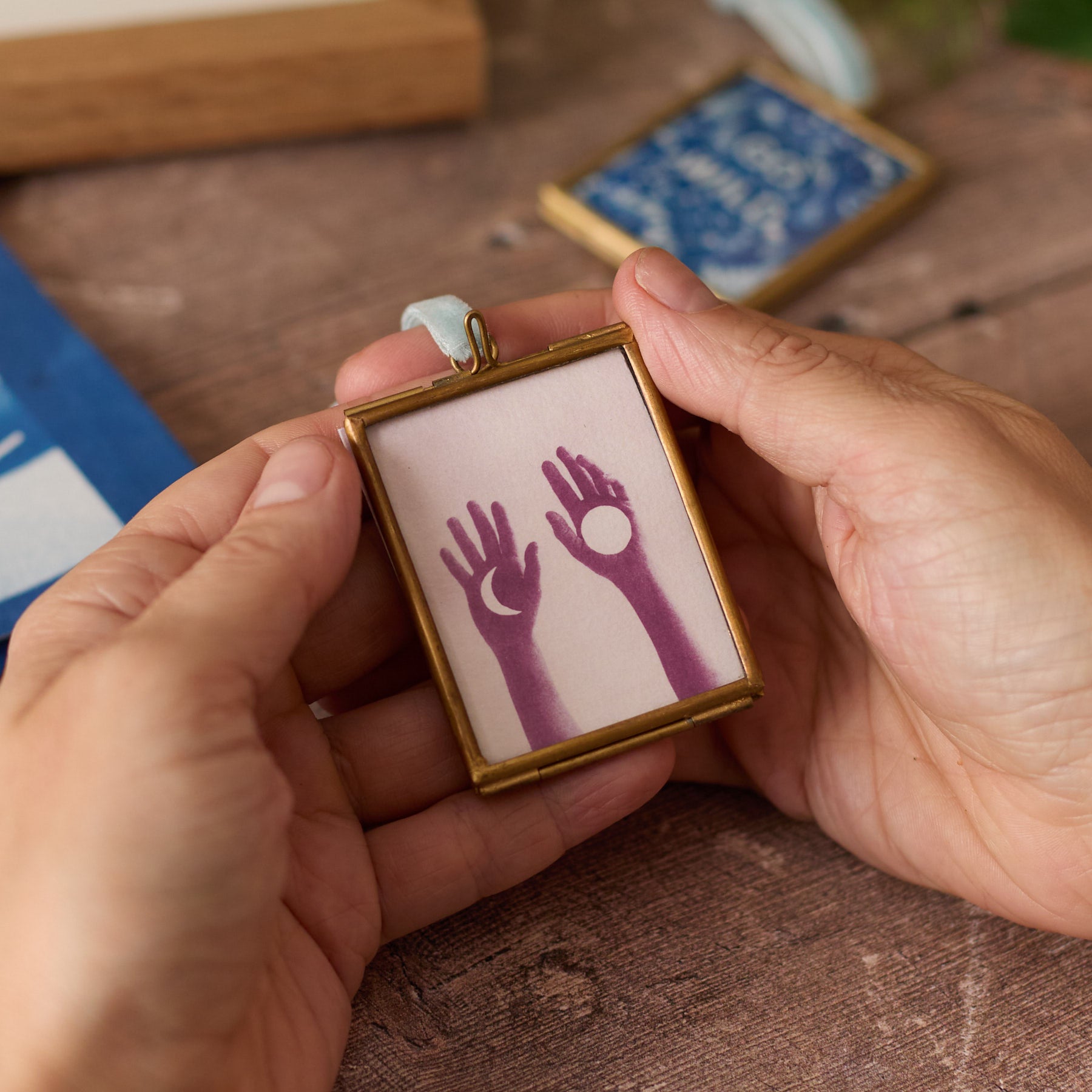 Pink Moons - Mini Print in Hanging Brass Frame
