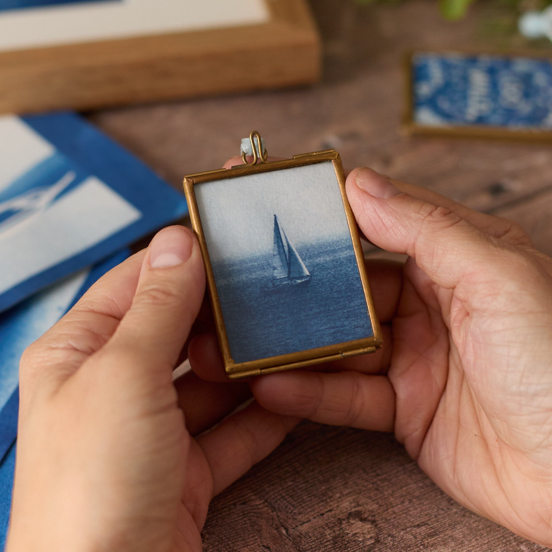 Ship - Mini Print in Hanging Brass Frame