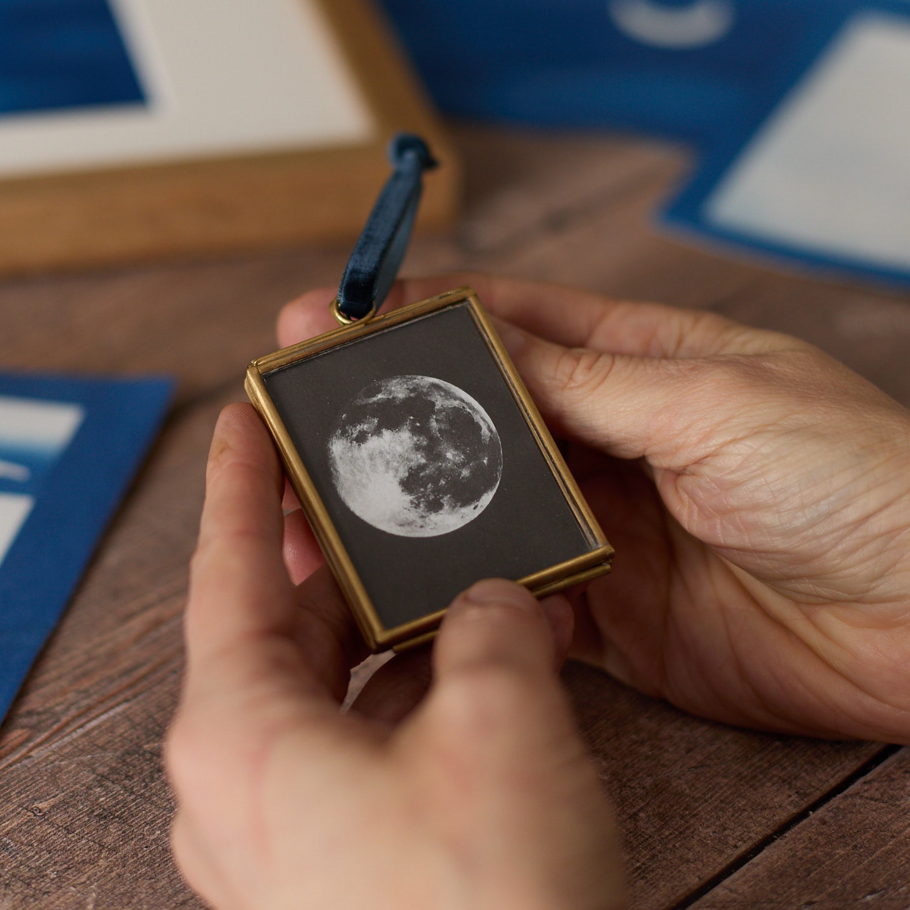Moon - Mini Print in Hanging Brass Frame
